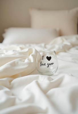 Beautiful glass with love message on a cozy bed