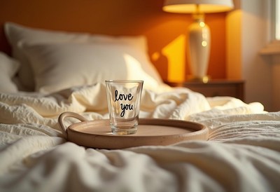 Decorative glass on a wooden tray in a cozy bedroom