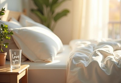 Cozy bedroom with sunlight and a message of love
