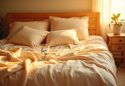 Cozy bedroom with warm sunlight and a glass