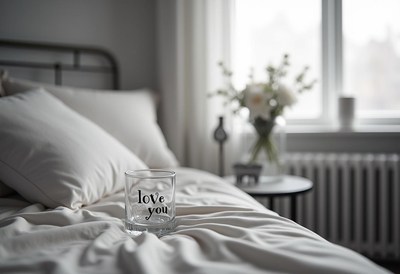 Romantic setting with love note on a cozy bed