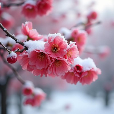 Cherry blossoms covered in snow during winter