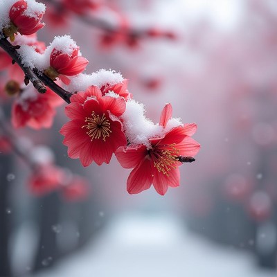 Snow-covered red flowers bloom in winter landscape