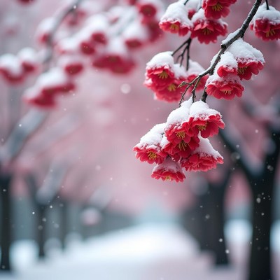 Cherry blossoms covered in snow decorate a winter landscape
