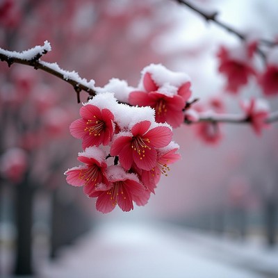Snow-covered cherry blossoms in winter wonderland