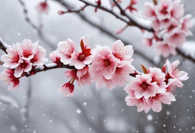 Pink blossoms covered in snow during winter season