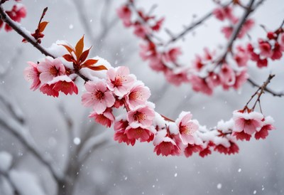 Cherry blossoms covered in snow during winter snowfall