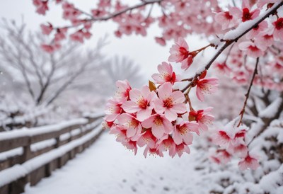 Cherry blossoms covered in snow create a serene winter scene