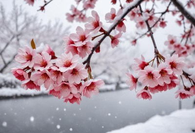 Cherry blossoms adorned by snow create a beautiful contrast