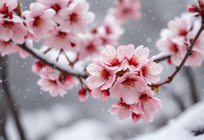 Cherry blossoms blooming under falling snowflakes in winter