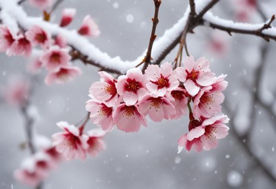 Cherry blossoms dusted with snow in winter scene