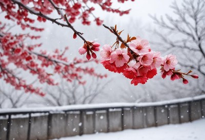 Blossoming cherry tree branch in snowy winter landscape
