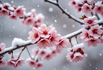 Snow-covered cherry blossoms create a beautiful winter scene