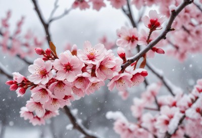 Cherry blossoms covered in snow during winter season