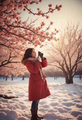 Woman enjoying cherry blossoms in winter landscape