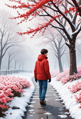 Winter stroll among vibrant pink blossoms and snow