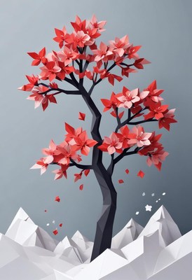 Stylized tree with red leaves in a geometric landscape