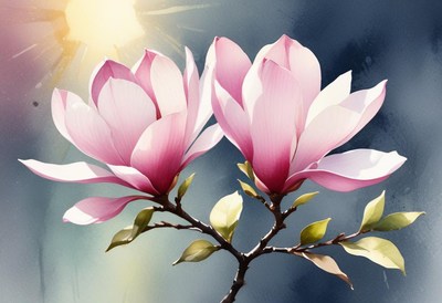 Beautiful pink magnolia blossoms in bright sunlight