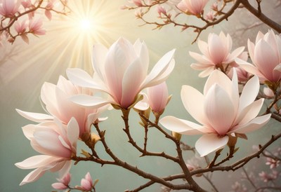 Magnolia flowers bloom under sunlight in springtime garden