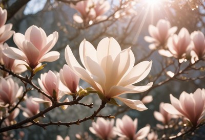 Beautiful magnolia flowers bloom in spring sunlight