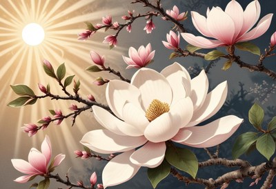 Beautiful magnolia blossoms in sunlight during spring season