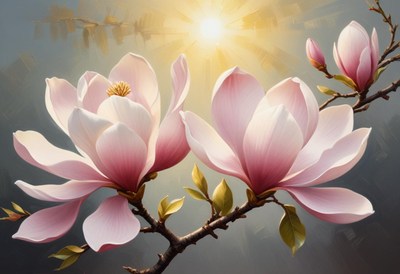 Magnolias bloom under gentle sunlight in springtime