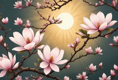 Blossoming magnolia flowers under the warm sunlight