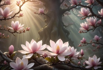 Magnificent magnolia blossoms under sunlight in spring