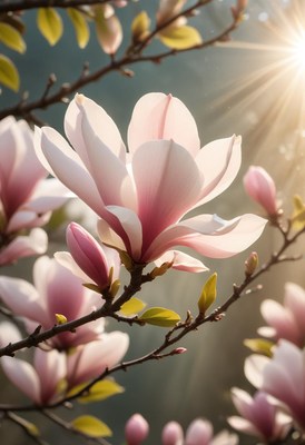 Magnolia blossoms bathed in sunlight during springtime