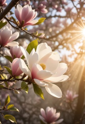 Blooming magnolia flowers illuminated by sunlight
