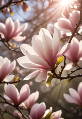 Beautiful magnolia blossoms in spring morning light