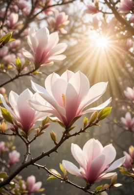 Blooming magnolia flowers under warm sunlight