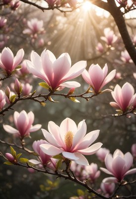 Beautiful magnolia flowers blooming at sunrise