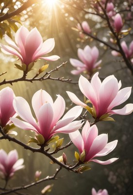 Magnolias bloom beautifully in the morning light