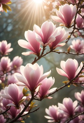 Beautiful magnolia blossoms illuminated by sunlight