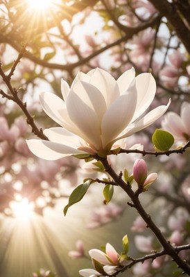 Beautiful magnolia blossoms illuminated by sunlight