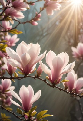Beautiful magnolia blossoms illuminated by sunlight