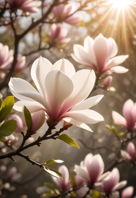 Magnolia flowers bloom under sunlight in a serene garden