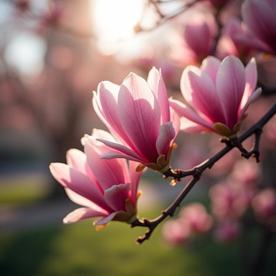 Beautiful pink magnolia blossoms in soft morning light