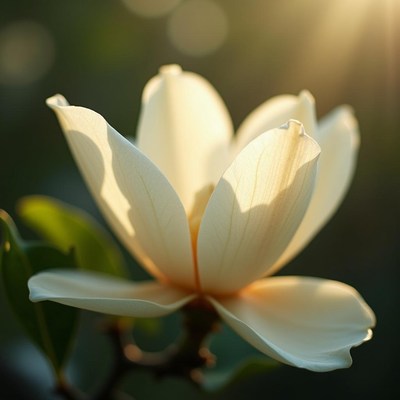 Beautiful white magnolia flower in golden sunlight