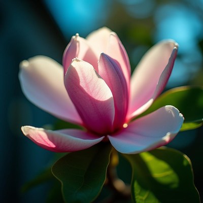 Beautiful magnolia flower blooming in spring sunlight