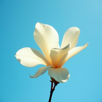 White magnolia flower against a clear blue sky