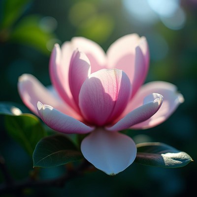 Beautiful pink magnolia flower in morning sunlight