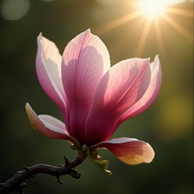 Magnificent magnolia bloom catching sunlight at dusk