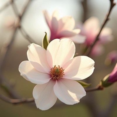 Magnolia bloom at sunset in a tranquil garden