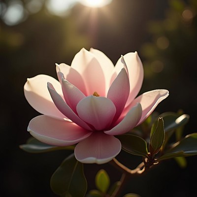 Pink magnolia flower illuminated by soft sunlight