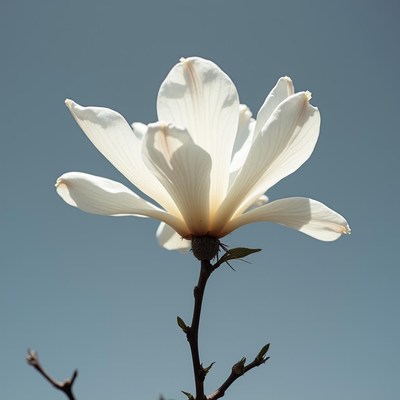 Magnolia blossom blooms under clear blue sky in spring