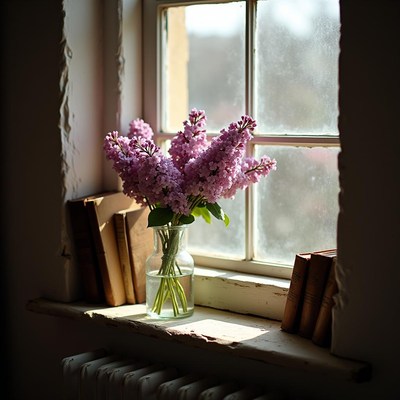 Flowers in a vase by a sunny window at home
