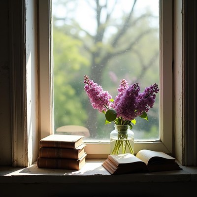 Flower arrangement on window sill with books and sunlight