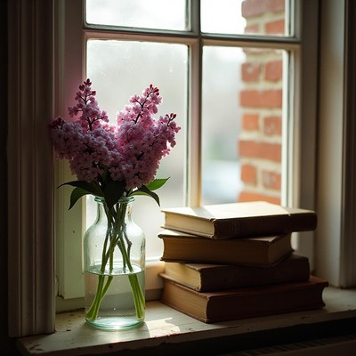 Flowers in a vase next to books on a windowsill